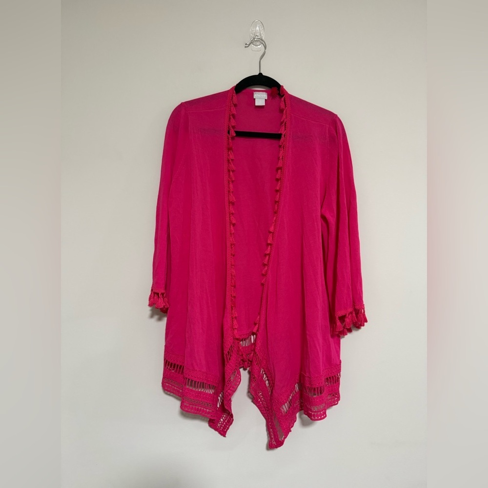 Chico’s Vibrant Pink Open-Front Cardigan Topper Size 2 Large Crocheted Resort
